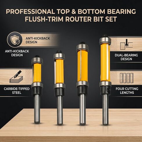 Flush Trim Router Bit Set, Carbide Dual Flute Top and Bottom Bearing Template Trimming for Woodworking Projects Tungsten Carbide 1/4 Inch Shank 1/2 Inch Dia 4 Pack in Kuwait