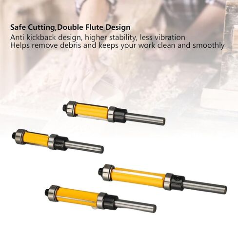 Flush Trim Router Bit Set, Carbide Dual Flute Top and Bottom Bearing Template Trimming for Woodworking Projects Tungsten Carbide 1/4 Inch Shank 1/2 Inch Dia 4 Pack in Kuwait