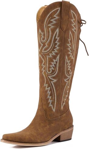 Wide Calf Cowboy Boots for Women Knee High Cowgirl Boots Adjustable Lace Up Embroidered Boots with Side Zipper Pointed Toe Chunky Heel Western Boot. in Kuwait