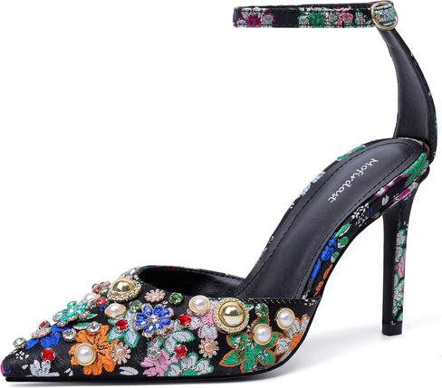 Mofirdast Womens Ankle Strap Colorful Rhinestones Heels Floral Print Embroidery Pumps Sandals Wedding Daily Dressy Prom Party Shoes in Kuwait