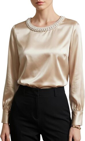 winkbay Women's Elegant Satin Pearl Top Long Sleeve Crew Neck Fall Work Office Blouses in Saudi Arabia