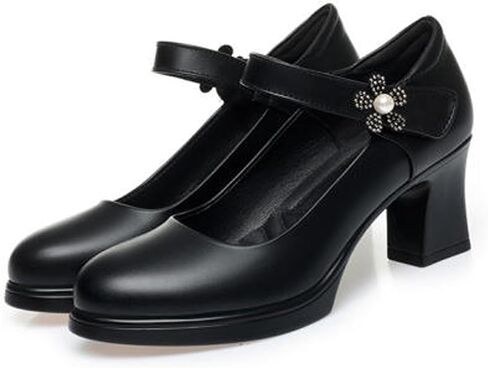 Women’s Elegant Leather Slip On Chunky Heel Mary Jane Shoes with Decorative Flower Detail with Adjustable Hook & Loop Straps Non-Slip Rubber Sole for Office Work Commute Daily Wear Casual Chic in Kuwait
