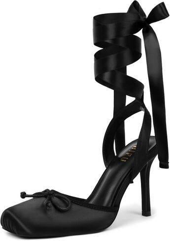 IDIFU IN4 Ballet Heels Closed Square Toe Bow Ballerina High Heels for Women Lace Up Stiletto Wedding Bridal Dancing Evening Prom Party Shoes Comfortable Sexy Cute Slingback Pumps Shoes in Kuwait