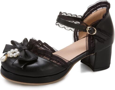 Ulalaza Women's High Heel Mary Jane Shoes Sweet Party Festive Lace Bow Pearl Strawberry Cute Dress Shoes in Kuwait