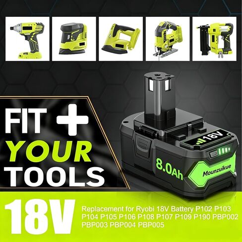 2Pack Upgraded 8.0Ah Replacement for Ryobi 18V Battery Compatible with | 18 Volt Battery ONE+ Plus P102 P103 P104 P105 P106 P108 P107 P109 PBP002 PBP003 PBP004 PBP005 RB18L50 BPL1820 Tools in Kuwait