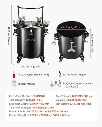 VEVOR Heavy Duty Steel Pressure Pot, 10.6 Gal/40 L Heavy Duty Steel Air Tool Pressure Pot, Pressures Pots with Three Quick-Connect Couplers for Home Use, DIY, Art Creations, Large-Diameter Tank in Kuwait