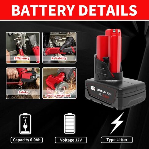 2 Pack 12V 6000mAh Lithium-ion Replacement Battery Compatible with Milwaukee 12 Volt Battery 48-11-2401 48-11-2402 48-11-2440 48-11-2411 48-11-2420 Cordless Power Tools in Kuwait