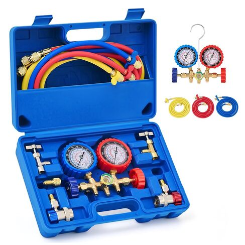 Orion Motor Tech AC Gauges, AC Manifold Gauge Set for R134a R12 R502 Refrigerant, 3 Way Car AC Gauge Set with 5FT Hoses Couplers & Adapter, Puncturing & Self Sealing Can Tap Freon Charge Kit in Saudi Arabia