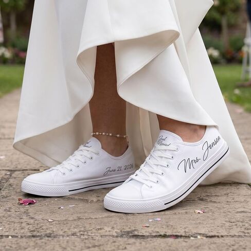 Bridal Sneakers, Personalized Bride Sneakers, Low Top Canvas Wedding Shoes, Just Married Custom Name and Date in Kuwait