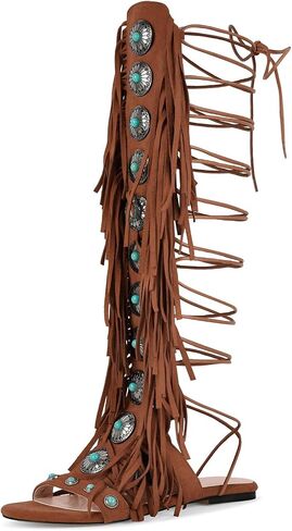 LISHAN Womens Jewel Fringe Open Toe Flat Long Sandals Lace Up Bohemia Tassel Shoes in Kuwait