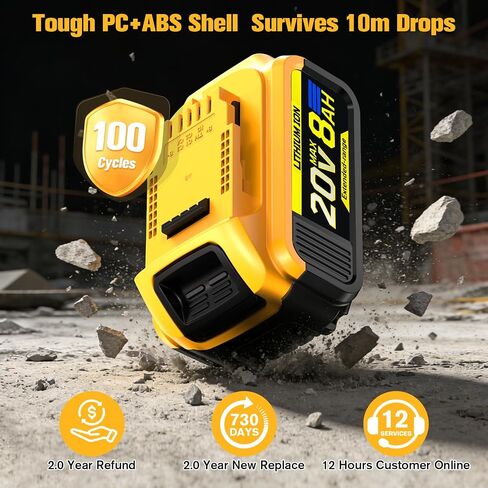 Compatible with Dewalt 20V MAX 8.0 Ah Lithium Ion Battery 2-Pack | 3 Year Manufacturer DCB200 DCD/DCF/DCG Series Cordless Power Tools（Not Made in Dewalt） in Kuwait