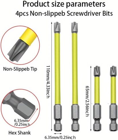 4pcs Magnetic Electrician Screwdriver Bit Set Hex Shank PH2 65mm, 4-Piece Phillips Bits for Drivers, Home Electrical Work, Yellow in Kuwait