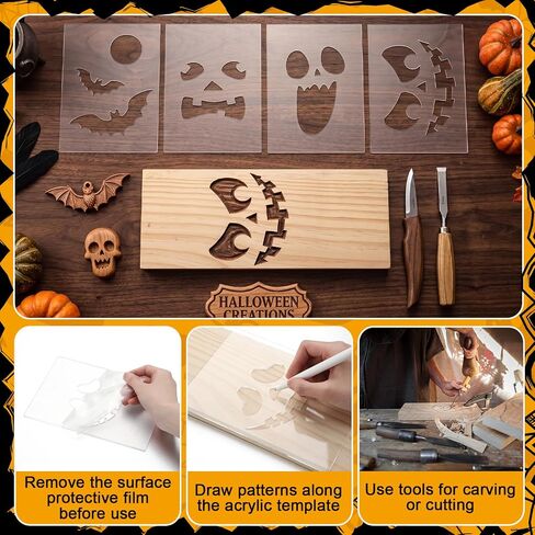 RattanView 12 Pcs Halloween Acrylic Router Template 7.9 x 5.5 Inches | Varied Scary Face Designs for Woodworking, Clear Acrylic Stencils Carving Tool, Ideal for Halloween DIY Craft in Kuwait
