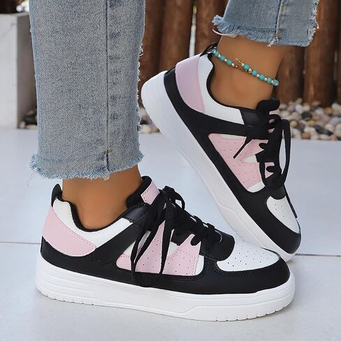 Women's Faux Leather Lace Up Platform Sneakers White & White Blue Color Block Casual Walking Shoes in Kuwait