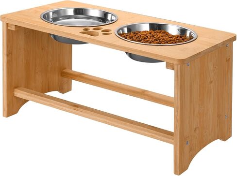Elevated Dog Bowls,Bamboo Dog Bowl Stand,Raised Dog Bowls for Small Dogs,Dog Food Bowls,Non-Slip Dog&Cat Feeder with 2 Stainless Steel Food&Water Bowls,4" Tall (Waterproof Wooden) in Saudi Arabia