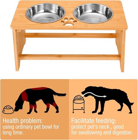 Elevated Dog Bowls,Bamboo Dog Bowl Stand,Raised Dog Bowls for Small Dogs,Dog Food Bowls,Non-Slip Dog&Cat Feeder with 2 Stainless Steel Food&Water Bowls,4" Tall (Waterproof Wooden) in Saudi Arabia