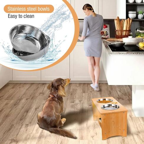 Elevated Dog Bowls,Bamboo Dog Bowl Stand,Raised Dog Bowls for Small Dogs,Dog Food Bowls,Non-Slip Dog&Cat Feeder with 2 Stainless Steel Food&Water Bowls,4" Tall (Waterproof Wooden) in Saudi Arabia