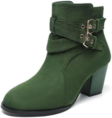 Women's Chunky Heel Suede Ankle Boots With Adjustable Double Buckle Classic Round Toe Side Zip Block Stacked Heel Fall Short Booties in Kuwait