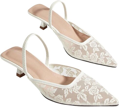BEAUDRM Women's Floral Lace Kitten Heels Mesh Pointed Closed Toe Wedding Guest Party Slingback Pumps Shoes in Kuwait