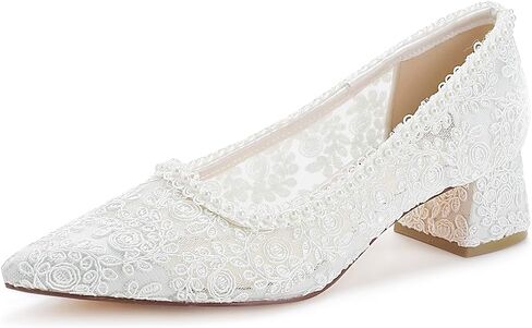 1602 Women’s Closed Toe Wedding Shoes 1.77 Inch Low Block Heel Lace Pearl Trim Bridal Pumps Comfortable Heels in Kuwait