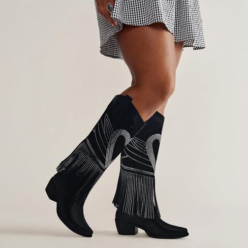 Women's Sparkly Fringe Rhinestone Knee High Cowboy Boots Glitter wide calf Pull On Pointed Toe Low Chunky Tall Cowgirl Boots Fashion bling Sexy Retro Party Wedding Shoes in Kuwait