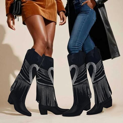 Women's Sparkly Fringe Rhinestone Knee High Cowboy Boots Glitter wide calf Pull On Pointed Toe Low Chunky Tall Cowgirl Boots Fashion bling Sexy Retro Party Wedding Shoes in Kuwait