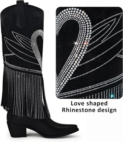 Women's Sparkly Fringe Rhinestone Knee High Cowboy Boots Glitter wide calf Pull On Pointed Toe Low Chunky Tall Cowgirl Boots Fashion bling Sexy Retro Party Wedding Shoes in Kuwait