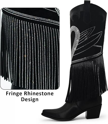 Women's Sparkly Fringe Rhinestone Knee High Cowboy Boots Glitter wide calf Pull On Pointed Toe Low Chunky Tall Cowgirl Boots Fashion bling Sexy Retro Party Wedding Shoes in Kuwait