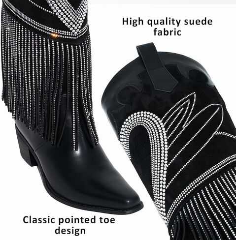 Women's Sparkly Fringe Rhinestone Knee High Cowboy Boots Glitter wide calf Pull On Pointed Toe Low Chunky Tall Cowgirl Boots Fashion bling Sexy Retro Party Wedding Shoes in Kuwait