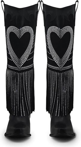 Women's Sparkly Fringe Rhinestone Knee High Cowboy Boots Glitter wide calf Pull On Pointed Toe Low Chunky Tall Cowgirl Boots Fashion bling Sexy Retro Party Wedding Shoes in Kuwait