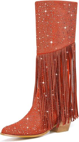 Women's Sparkly Fringe Rhinestone Knee High Cowboy Boots Glitter wide calf Pull On Pointed Toe Low Chunky Tall Cowgirl Boots Fashion bling Sexy Retro Party Wedding Shoes in Kuwait