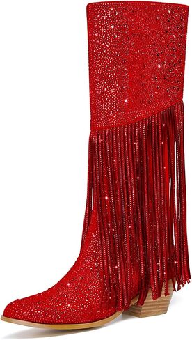 Women's Sparkly Fringe Rhinestone Knee High Cowboy Boots Glitter wide calf Pull On Pointed Toe Low Chunky Tall Cowgirl Boots Fashion bling Sexy Retro Party Wedding Shoes in Kuwait