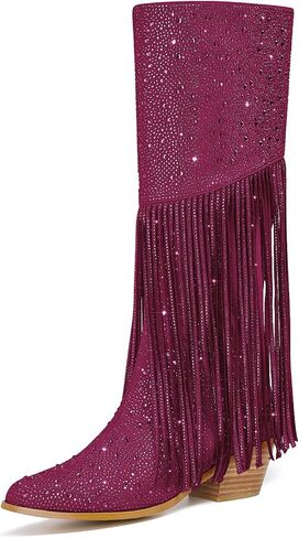Women's Sparkly Fringe Rhinestone Knee High Cowboy Boots Glitter wide calf Pull On Pointed Toe Low Chunky Tall Cowgirl Boots Fashion bling Sexy Retro Party Wedding Shoes in Kuwait