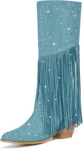 Women's Sparkly Fringe Rhinestone Knee High Cowboy Boots Glitter wide calf Pull On Pointed Toe Low Chunky Tall Cowgirl Boots Fashion bling Sexy Retro Party Wedding Shoes in Kuwait