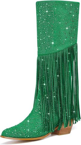 Women's Sparkly Fringe Rhinestone Knee High Cowboy Boots Glitter wide calf Pull On Pointed Toe Low Chunky Tall Cowgirl Boots Fashion bling Sexy Retro Party Wedding Shoes in Kuwait
