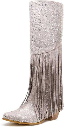 Women's Sparkly Fringe Rhinestone Knee High Cowboy Boots Glitter wide calf Pull On Pointed Toe Low Chunky Tall Cowgirl Boots Fashion bling Sexy Retro Party Wedding Shoes in Kuwait