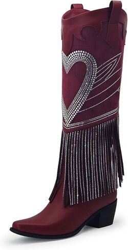 Women's Sparkly Fringe Rhinestone Knee High Cowboy Boots Glitter wide calf Pull On Pointed Toe Low Chunky Tall Cowgirl Boots Fashion bling Sexy Retro Party Wedding Shoes in Kuwait