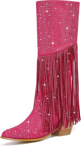 Women's Sparkly Fringe Rhinestone Knee High Cowboy Boots Glitter wide calf Pull On Pointed Toe Low Chunky Tall Cowgirl Boots Fashion bling Sexy Retro Party Wedding Shoes in Kuwait