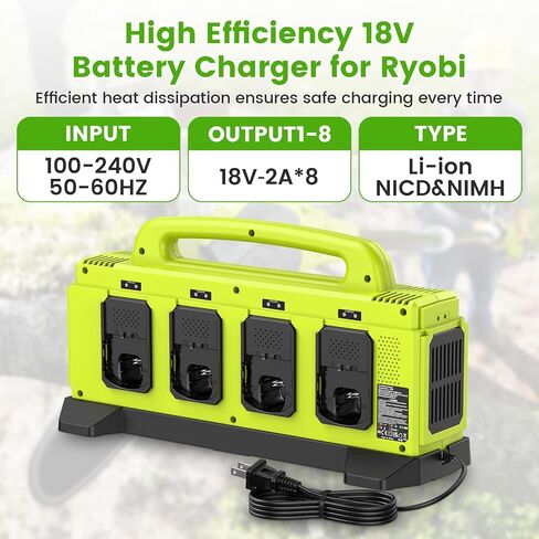 8-Port Charger for Ryobi 18V Battery, Simultaneous Fast Charging Station | Charge up to 8 Ryobi One+ batteries simultaneously with smart cooling, LED status indicators, and portable carry handle. in Kuwait