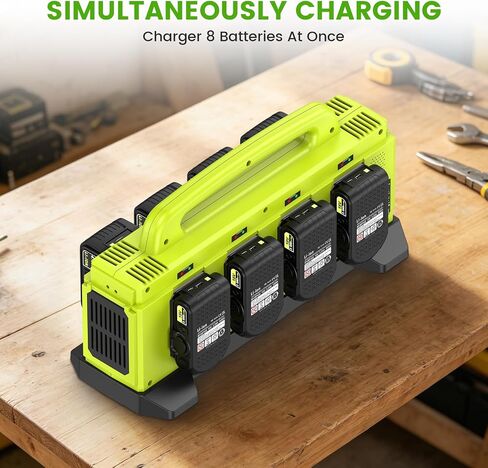 8-Port Charger for Ryobi 18V Battery, Simultaneous Fast Charging Station | Charge up to 8 Ryobi One+ batteries simultaneously with smart cooling, LED status indicators, and portable carry handle. in Kuwait