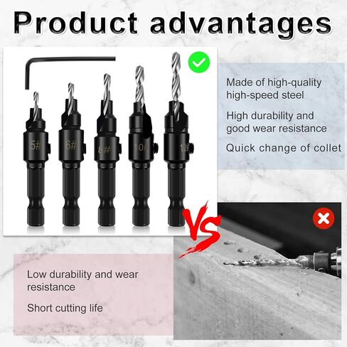 5Pcs Countersink Drill Bit Set 82°High Speed Steel Wear Resistant Punching Drill Bit 1/4 Inch Hex Shank Multiple Size Drill Bit Kit Woodworking Tool for Wood PVC Fiberboard Plywood in Kuwait
