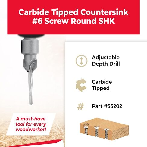 Amana Tool Carbide Tipped Countersink Drill Bit, 55202, 6 Screw, 3/8 Dia x 1/8 Drill Dia x 5/16 Round Shank in Kuwait