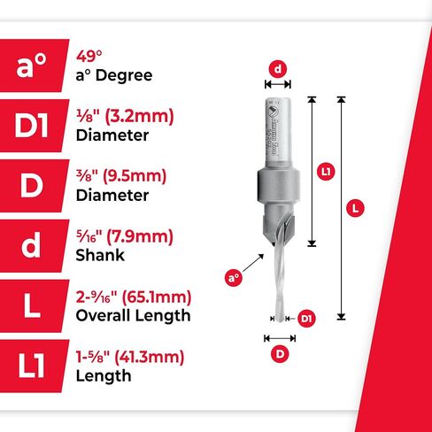 Amana Tool Carbide Tipped Countersink Drill Bit, 55202, 6 Screw, 3/8 Dia x 1/8 Drill Dia x 5/16 Round Shank in Kuwait