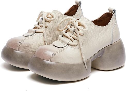 Women's Leather Wedge Casual Sneakers,Lace-Up Platform Sneakers,Anti-Slip Shock Absorbing High Heeled Fashion Sneakers in Kuwait