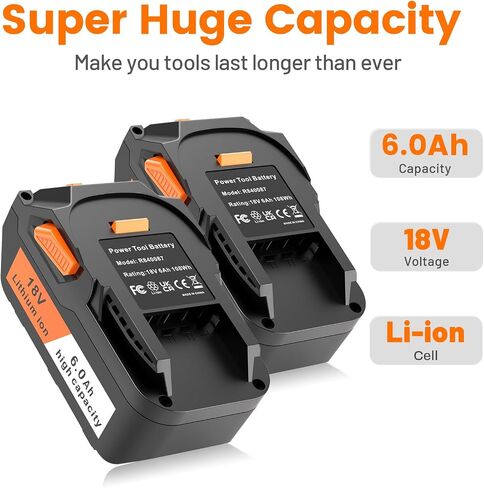 2 Packs 6Ah 18V Lithium Ion Battery R840087 Relpacement for Ridgid and 1 Pack Battery Charger Kit Compatible with Ridgid AEG in Kuwait