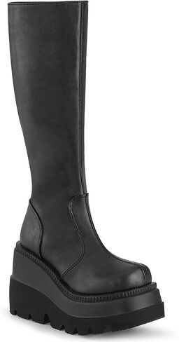 Demonia Shaker-100 Knee-High Boots, Black Vegan Leather in Kuwait