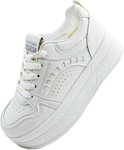 PU Leather Chunky Sneakers for Women,10cm(3.9inch) Height Increasing Platform Design,Classic Versatile White Shoes,Casual Walking Footwears White in Kuwait