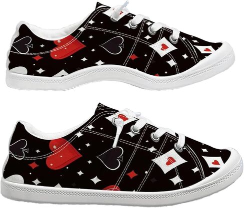 Women's Playing Card Print Low-Top Canvas Sneakers, Casual Lace-Up Shoes | Women's Playing Card Print Canvas Sneakers, Red Black Beige Poker Suit Lace-Up Shoes, Casual Low-Top Fashion Flats in Kuwait
