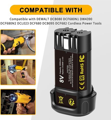 3000mAh 8V Li-ion Replacement Battery Compatible with DEWALT DCB080 DCF680N1 DW4390 DCF680N2 DCL023 DCF680 DCB095 DCF682 Cordless Power Tools in Kuwait