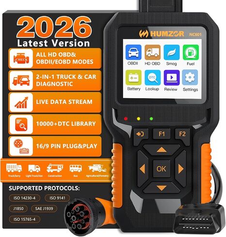 HUMZOR NC610 OBD2 Scanner，Car/Heavy Duty Truck Scanner Car Code Reader Diesel Diagnostic Tool, Full OBDII Function - 2 in 1 Auto & Truck Engine Light Clear Check Fault Diagnostic Scan Tool. in Saudi Arabia